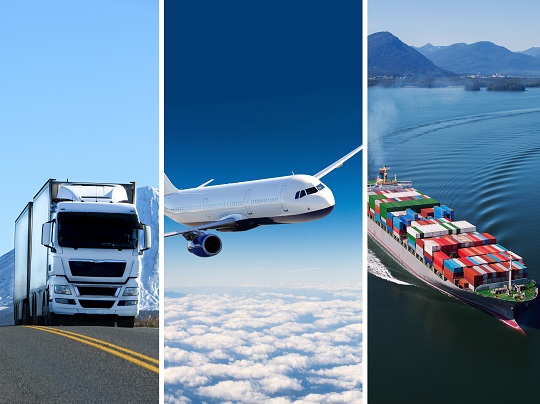 Ein Lastwagen, ein Flugzeug und ein Containerschiff
