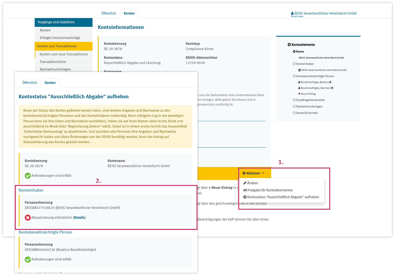 Screenshot aus dem nEHS-Register mit einer schrittweisen Anleitung, wie der Status "ausschließlich Abgabe" geändert werden kann