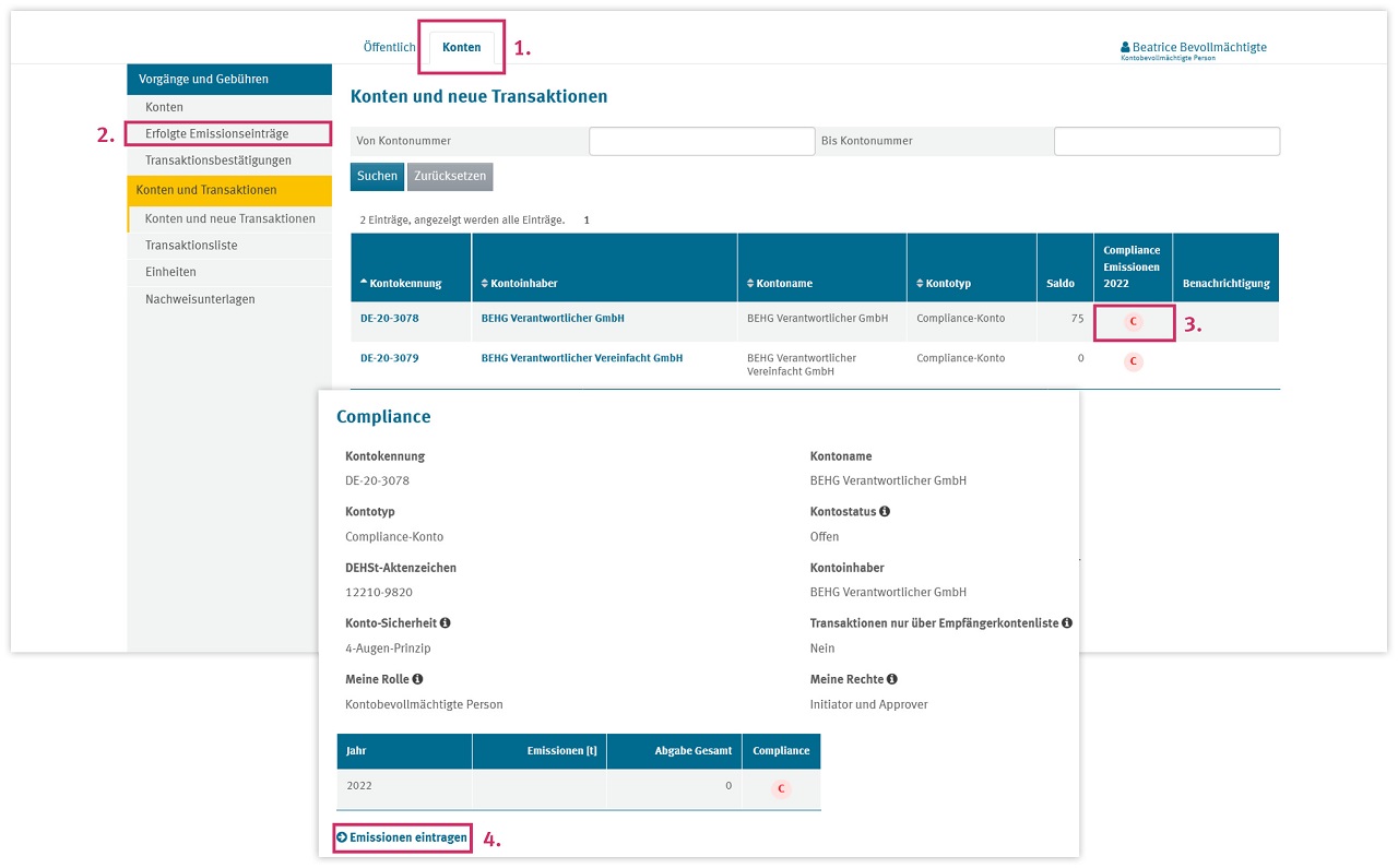 Screenshot aus dem nEHS-Register mit einer schrittweisen Anleitung zur Erfüllung des Compliance Status
