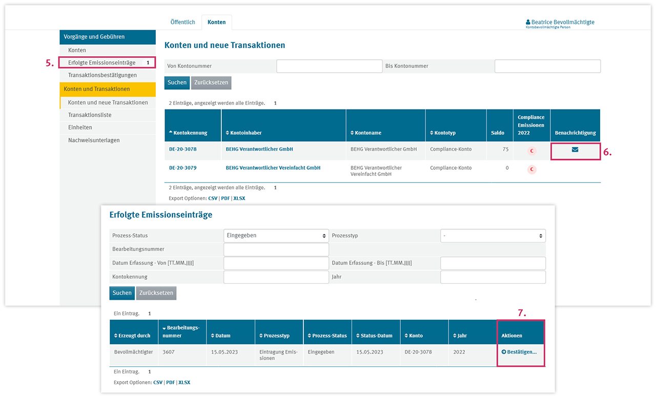 Screenshot aus dem nEHS-Register mit einer schrittweisen Anleitung zur Eintragung der Emissionen