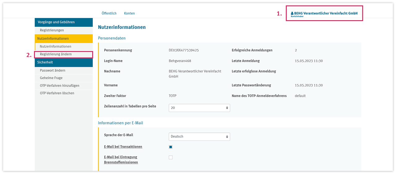 Screenshot aus dem nEHS-Register mit einer schrittweisen Anleitung zur Änderung der Registrierungsdaten. 