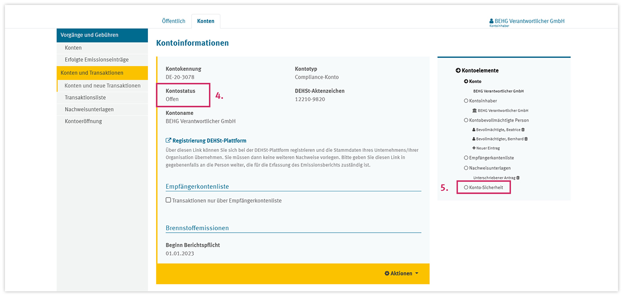 Screenshot aus dem nEHS-Register mit einer schrittweisen Anleitung zum einsehen des aktuellen Kontostatus (offen, gesperrt) 