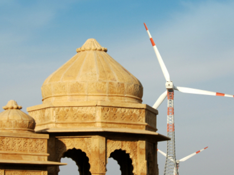 Wind turbines behind an Indian temple