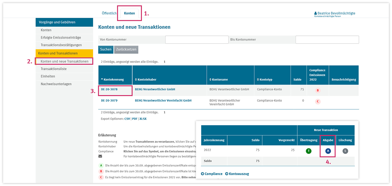 Screenshot from the nEHS registry with a step-by-step guide to surrendering emission allowances